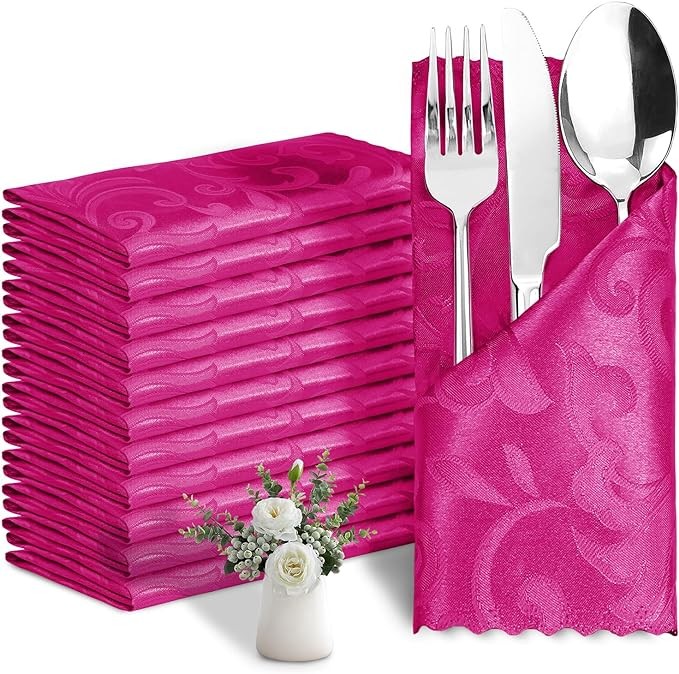 Eychei 24 Pack Hot Pink Satin Napkins 17 x 17 Inch Damask Napkins, Silky Soft Jacquard Cloth Napkin Set of 24, Square Table Napkins Fabric Dinner Napkins for Wedding Banquet Party Decoration