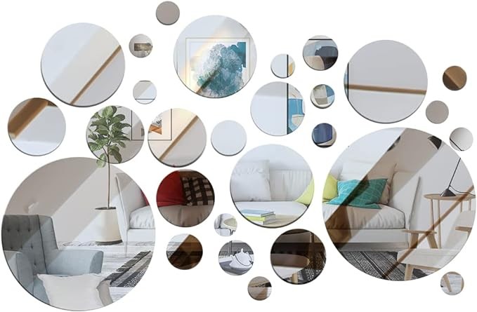 Acrylic Mirror Wall Stickers, Removable Wall Decal Mirror Set, Bathroom Wall Sticker Art, Circle Ceiling Mirrors for Bedroom, Home, Living Room, Sofa TV Background Decor (Round, Silver)