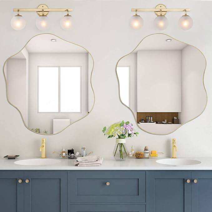 DAOYIJIAJU Gold Cloud Mirror, Asymmetrical Wall Mirror, Unique Irregular Shaped Mirror, Morden Wavy Frameless Mirror for Living Room Bathroom Bedroom Entryway Home Decor, 30"x26.8"