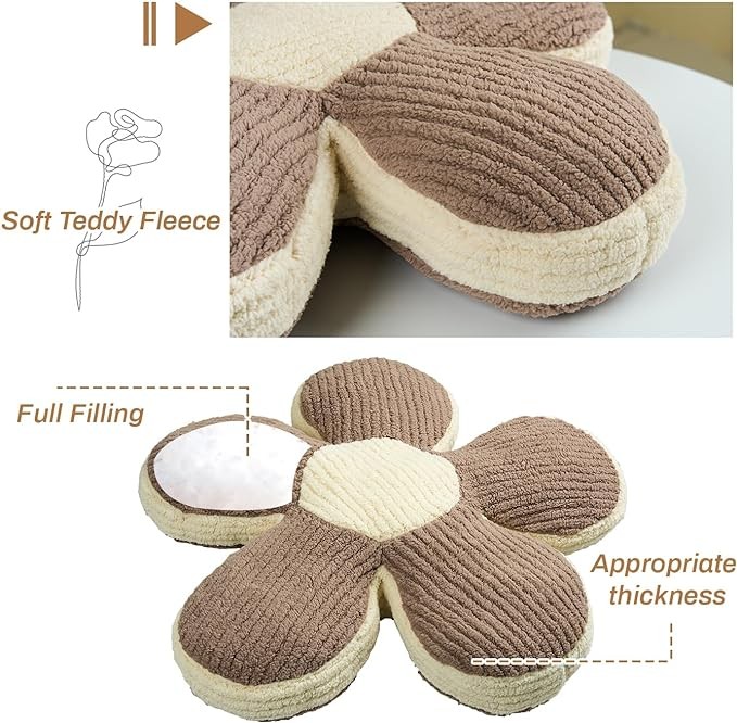 Sioloc Flower Pillow Flower Shaped Pillow Aesthetic Flower Cushion Cute Seat Cushion Flower Plush Pillow Decorative Throw Pillow for Bed,Couch(Coffee,19.7")