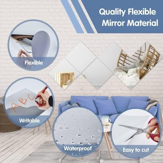 Ausbond 12 Pcs Flexible Mirror Sheets Stickers, Non Glass Safety Reflective Mirror, 12 x 12 in Self Adhesive Square Cuttable Mirror Wall Stickers for DIY Craft Home Wall Decoration