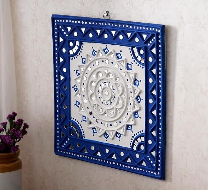 IndoTribe, Blue Wall Decor - 10x10 Inch, Lippan Art Wall Decor | Indian Wall Decor from India | Indian Decorations for Home | Indian Wall Art | Mirror Decorative Wall Art for Above Bed Wall Decor