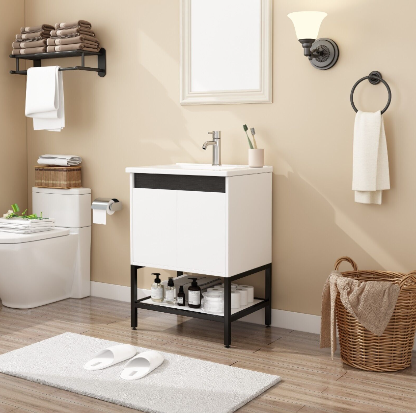 24" Bathroom Vanity White Cabinet Open Shelf Ceramic Sink Set Faucet Drain Combo