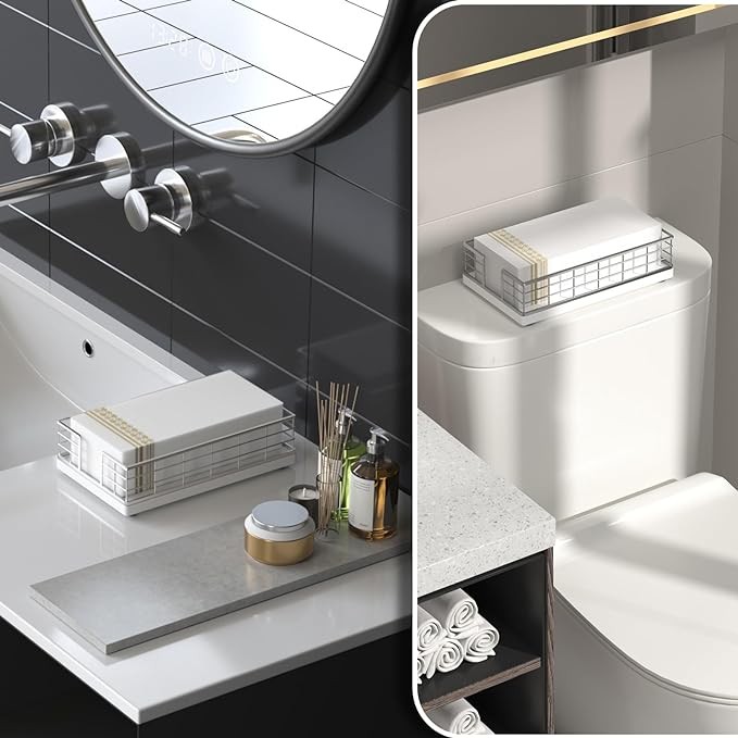 Wican Guest Towel Holder Tray for Bathroom, Oak and Iron Napkins Holder for Powder Room Dinning Table Wooden Basket for Disposable Paper Hand Towels Silvery and White