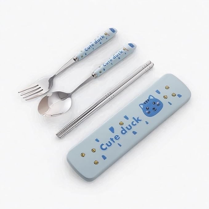 SENIDIKE Cute Silverware Set, Animal Series Ceramic Handle Dinnerware Set Flatware Kitchen Accessories Camping Travel Sets Fork Spoon Chopstick Portable Cutlery Sets with Case, Bear Rabbit Duck Cat (