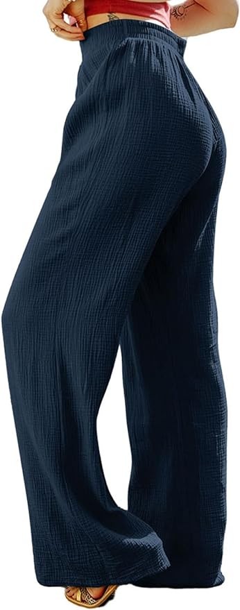 MARZXIN Women Linen Palazzo Wide Leg Pants Casual High Waist Stretchy Fall Loose Long Pants Trousers with Pockets