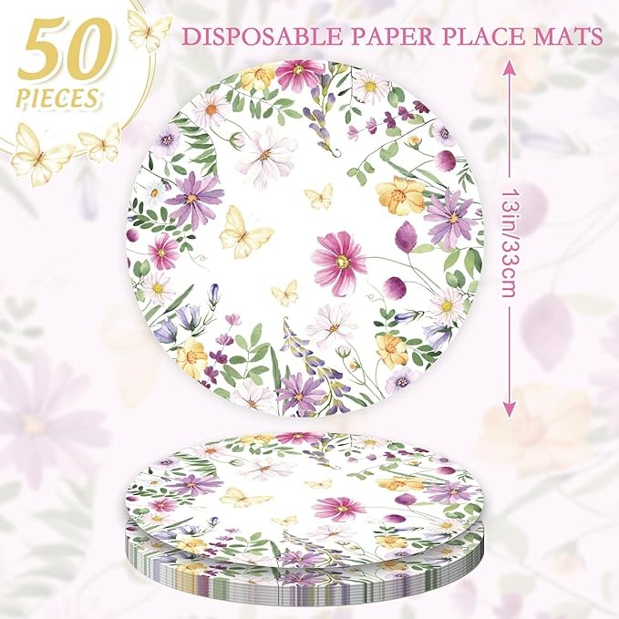 JarThenaAMCS 50 Sheets Butterfly Floral Round Paper Placemat Watercolor Flower Decorative Paper Table Mat for Spring Party Dinner Table, 13 Inch