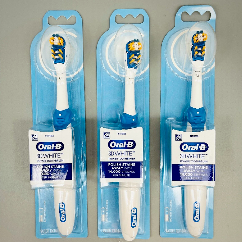 Oral-B 3D White BLUE Electric Toothbrush Polish Stains Away 3 PK + Battery