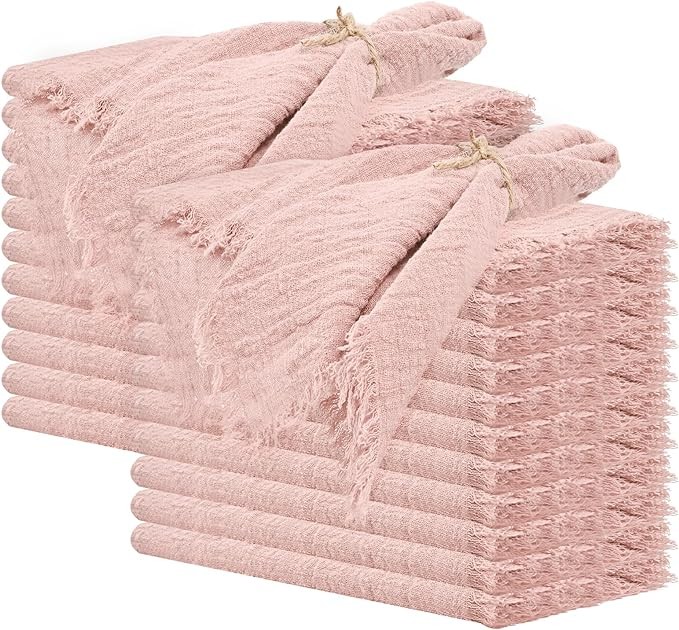 Handmade Cloth Napkins with Fringe Set of 24-Pink 16x16 Inches Cotton Napkins with Fringe,Delicate Rustic Dinner Napkins Bulk Decorative Table Napkins for Wedding/Dinner/Party(Pink)